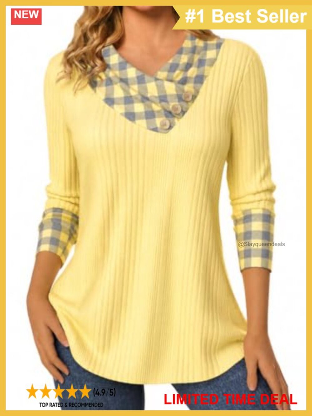 V Neck Ribbed Knit Tunic Top Plaid Contrast Long Sleeve Button Decor